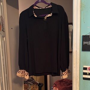 Black Long-Sleeve Blouse with Leopard Trim Size Large